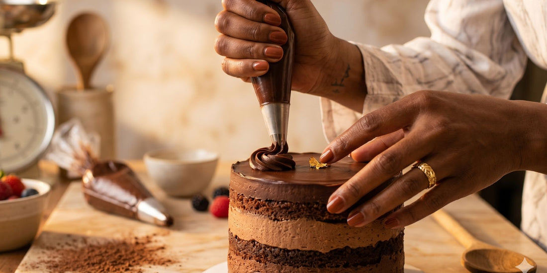 Mãos da confeiteira Carolina Almeida finalizando um bolo artesanal no ateliê da Carolices em 2026